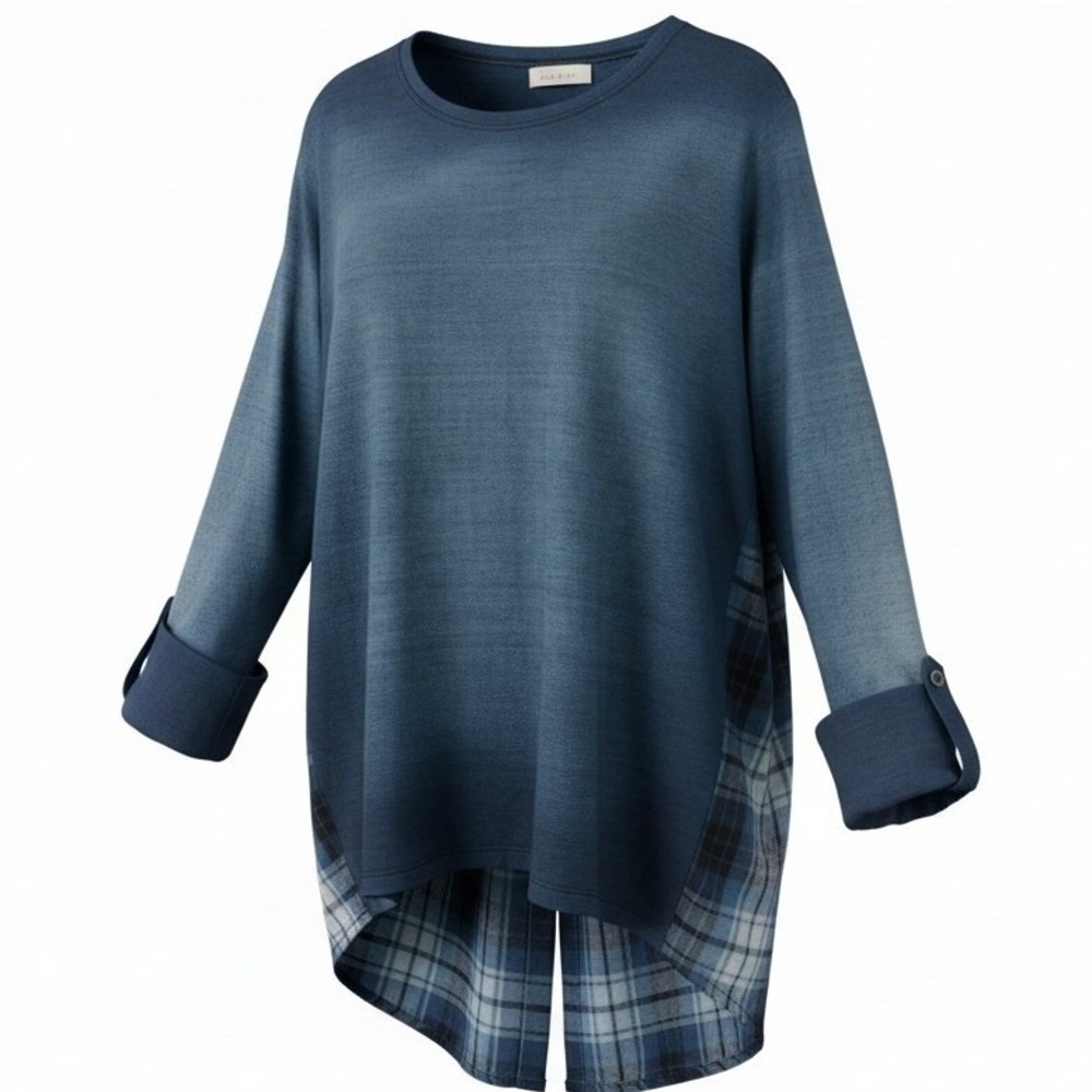 Cloth & Stone Womens Top Blue Faded Knit Plaid Back Roll Tab Hi Low Hem Grunge M